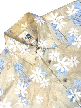 Vintage Kahala Hawaiian Shirt Men's M 100% Cotton Lawn Tan Blue Floral